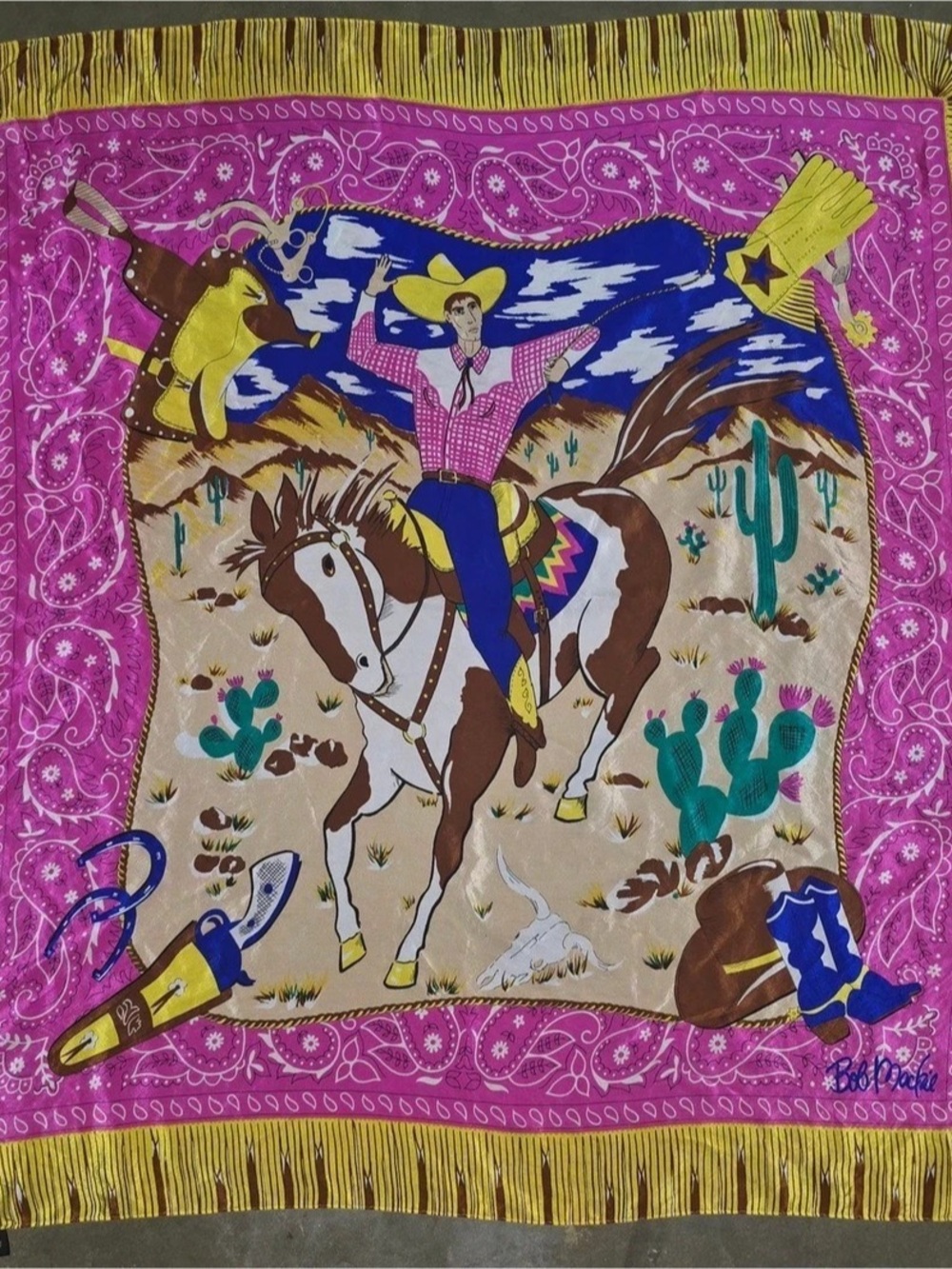 Vintage Bob Mackie Wearable Art Bronco Billy Western Silk Scarf Pink & Blue